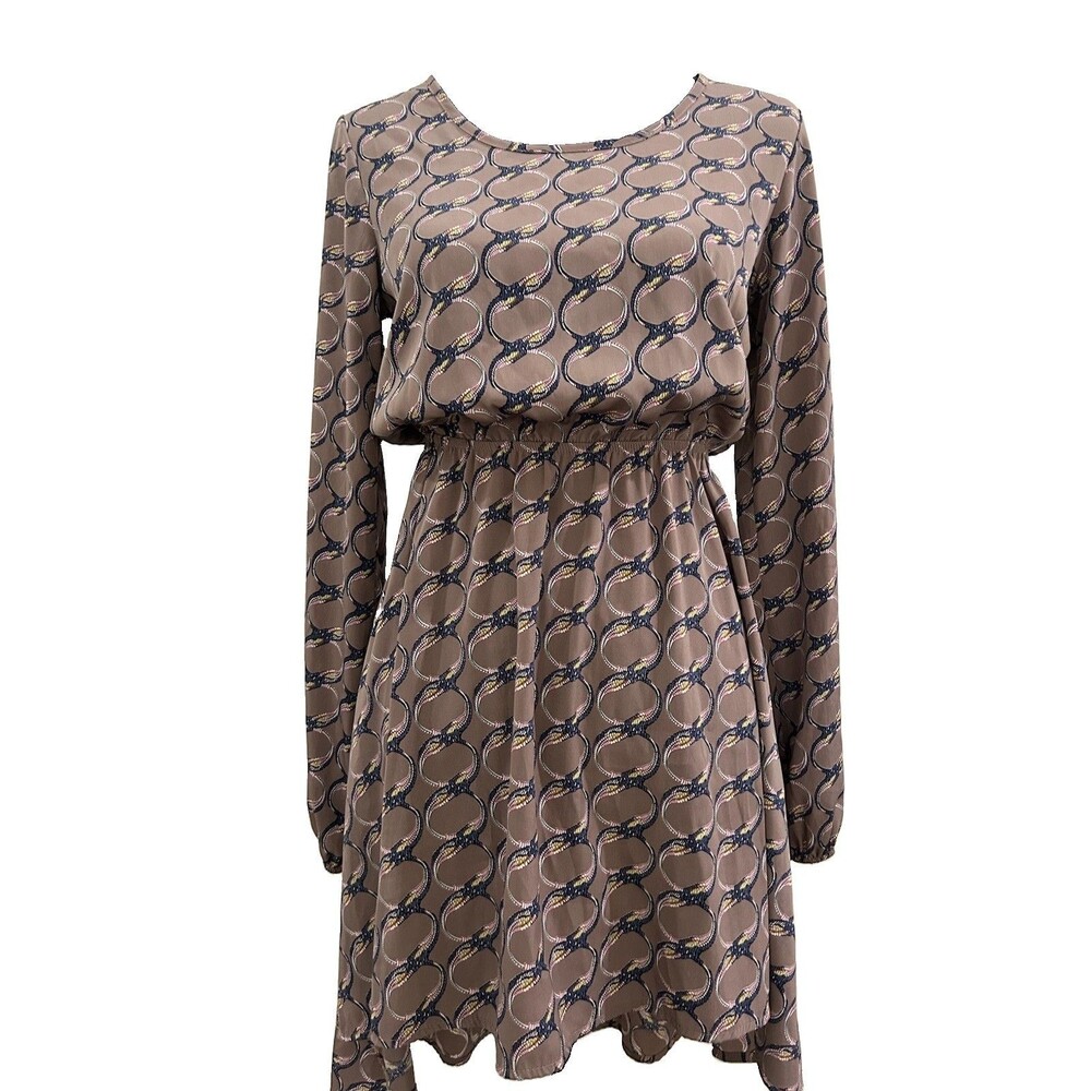 EVERLY Women S Taupe Geometric High-Low Tunic Dress Long Sleeve Boho